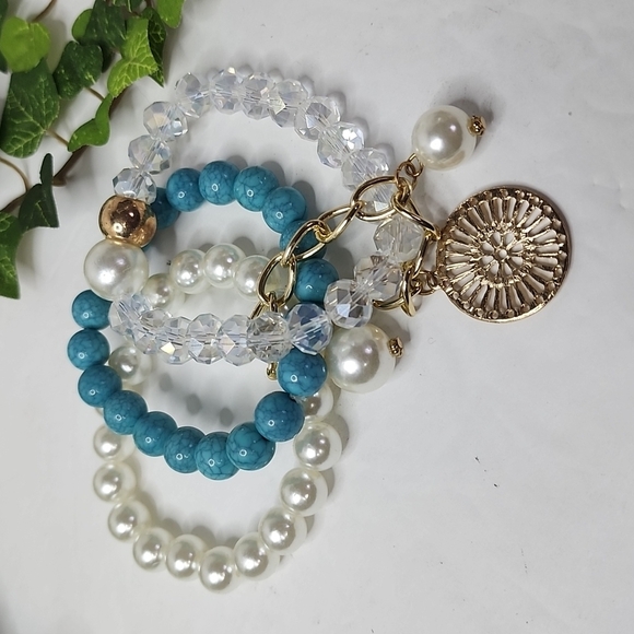 Boho Gold Turquoise Pearl 3 Strand Stretch Bracelet Set - Picture 4 of 6